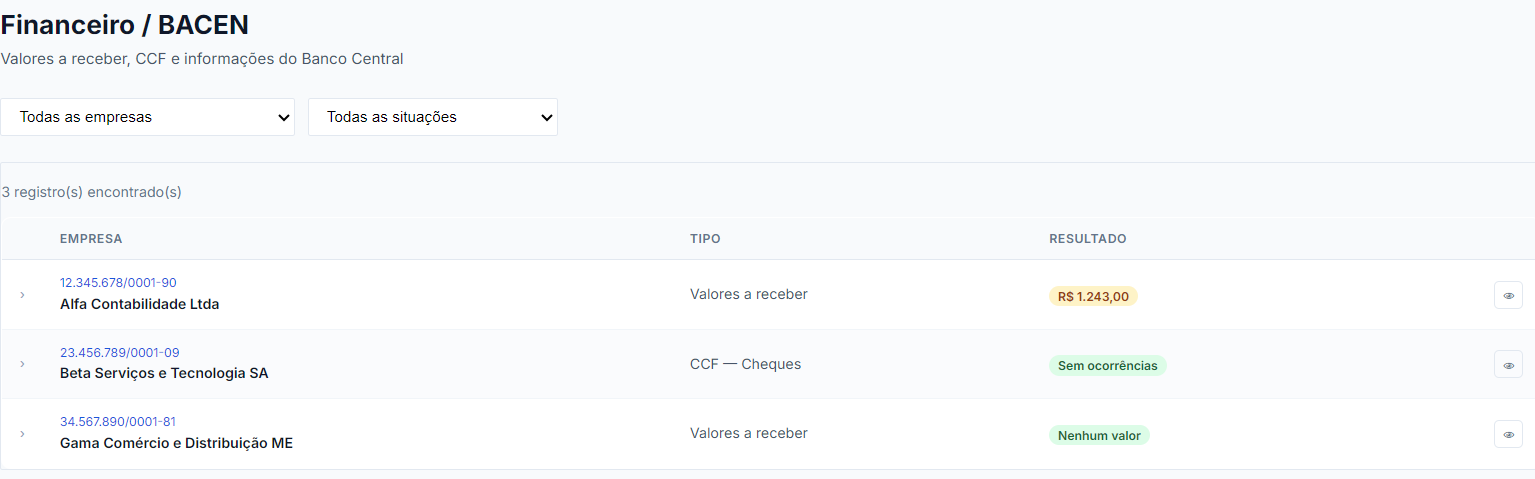 Tela real do sistema — Financeiro / BACEN